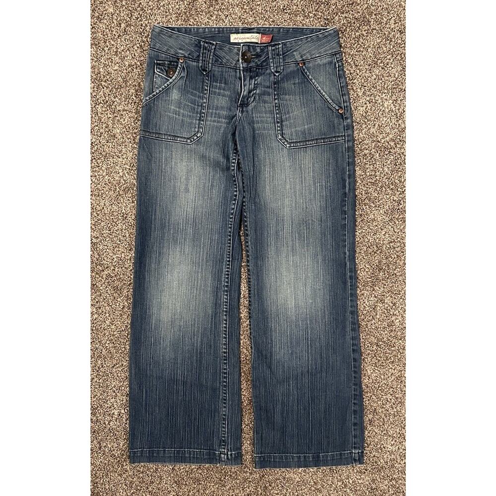 Y2K Aeropostale Avery Wide Leg Blue Denim Jeans Stretch Low Rise Size 3/4 Short